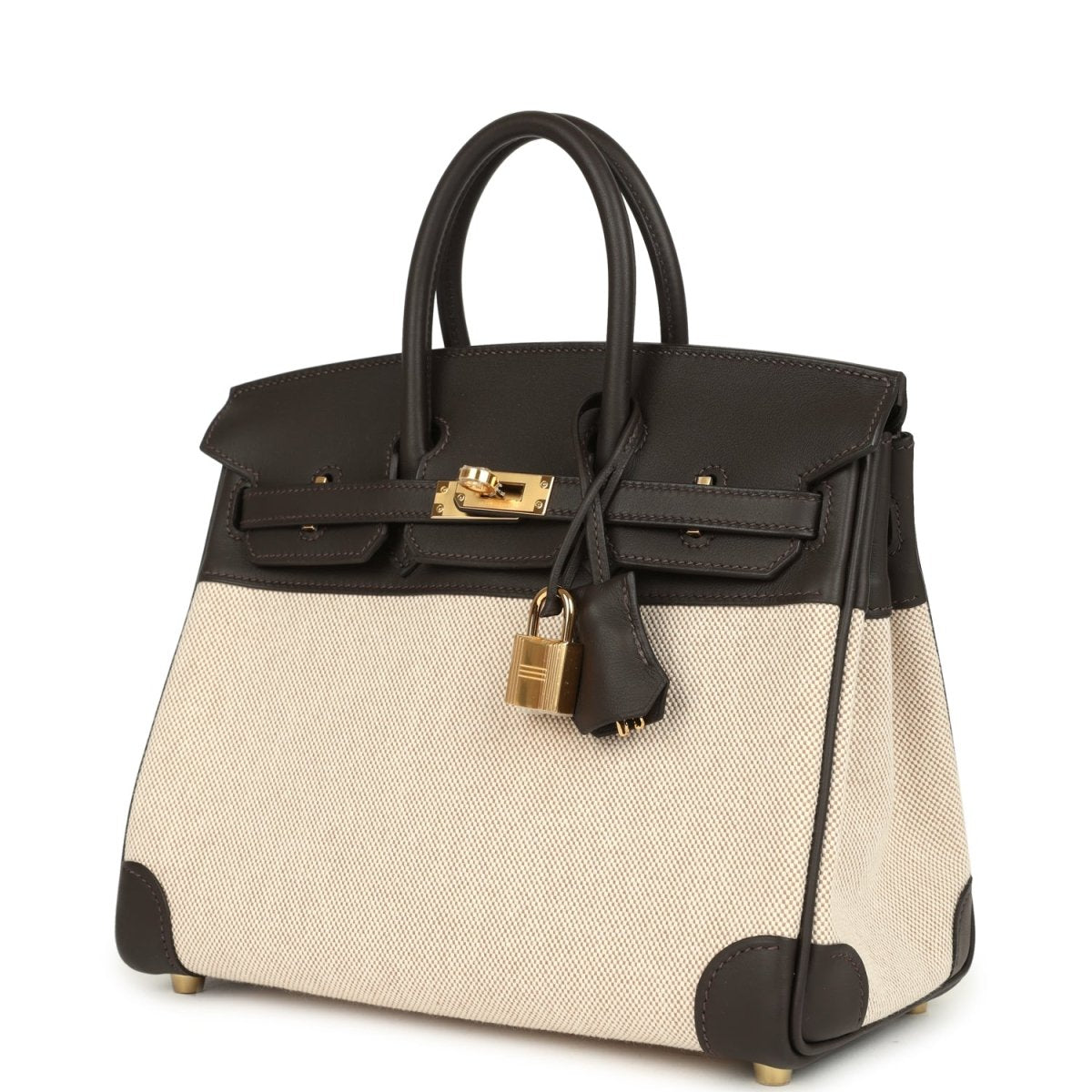 Hermes Birkin 25 Handbag Toile H Canvas Swift Leather Gold - NEESTRA