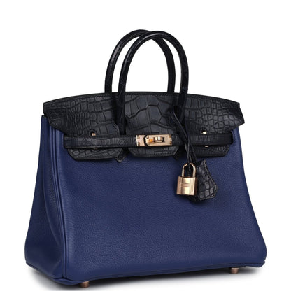 Hermes Birkin 25 Touch Handbag Bleu Saphir Alligator Rose Gold - NEESTRA