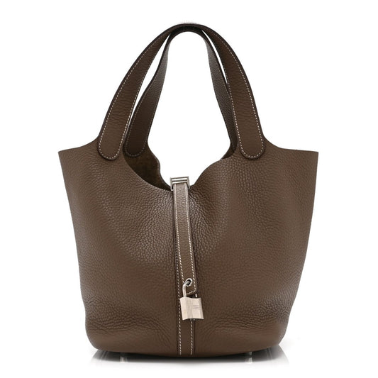 Picotin Lock Tote Bag Taurillon Clemence Leather 22cm Etoupe - NEESTRA