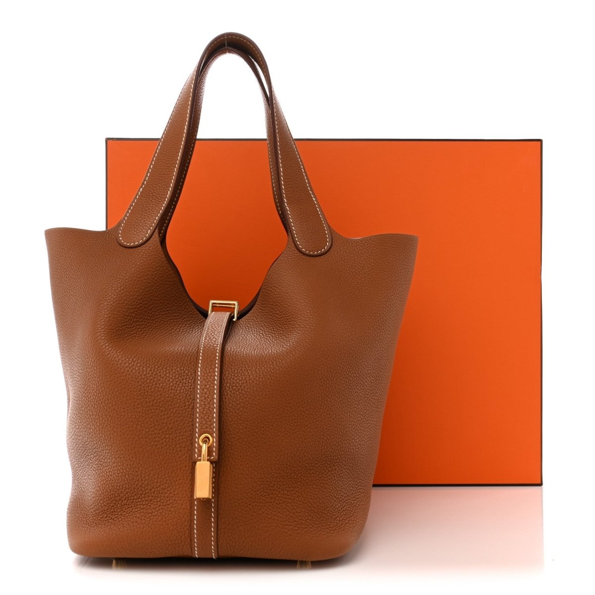 Taurillon Clemence Picotin Lock 22 MM Gold Leather Tote - NEESTRA